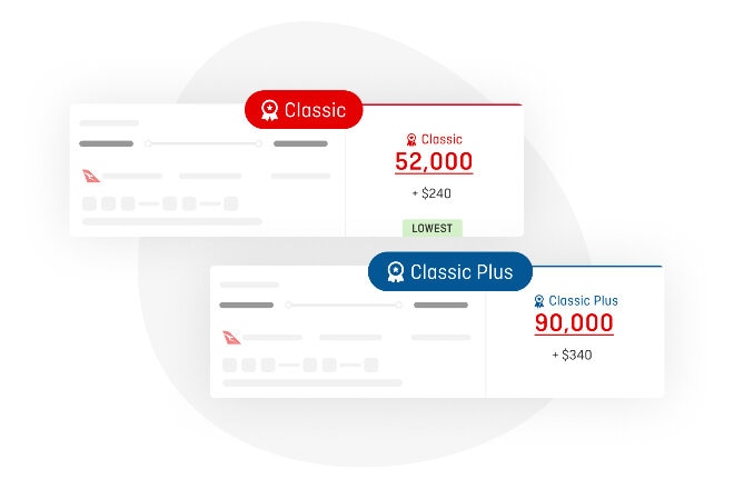 View of the booking screen comparing the icons for Classic and Classic Plus Flight Rewards